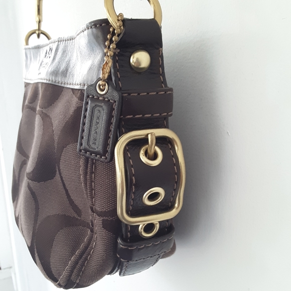 Coach Brown Signature Stripe Canvas Small Shoulder Bag Purse Leather Trim - Picture 2 of 12
